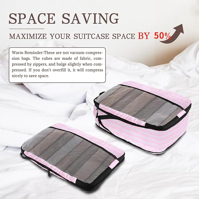 U+U 10 Set Compression Packing Cubes - Ultralight Pink Stripe Travel Organizers with Laundry Bag, Space-Saving Suitcase Organ