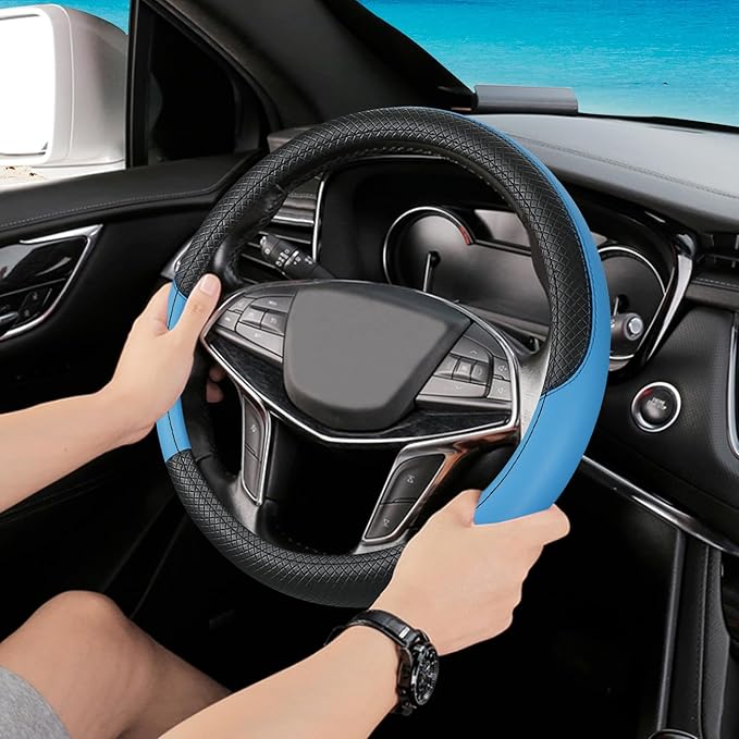 Black & Blue Car Steering Wheel Cover, Microfiber, Leather Patchwork, Universal 14.5-15 Inch Leather Anti-Slip Breathable Aut