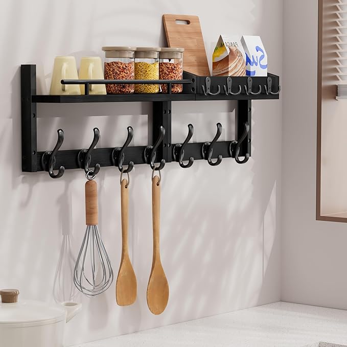 29 inch Coat Rack Wall Mount with Shelf, Set of 2 Heavy Duty Coat Hooks Wall Mount, Entryway Coat Hanger Wall Shelf with Key 