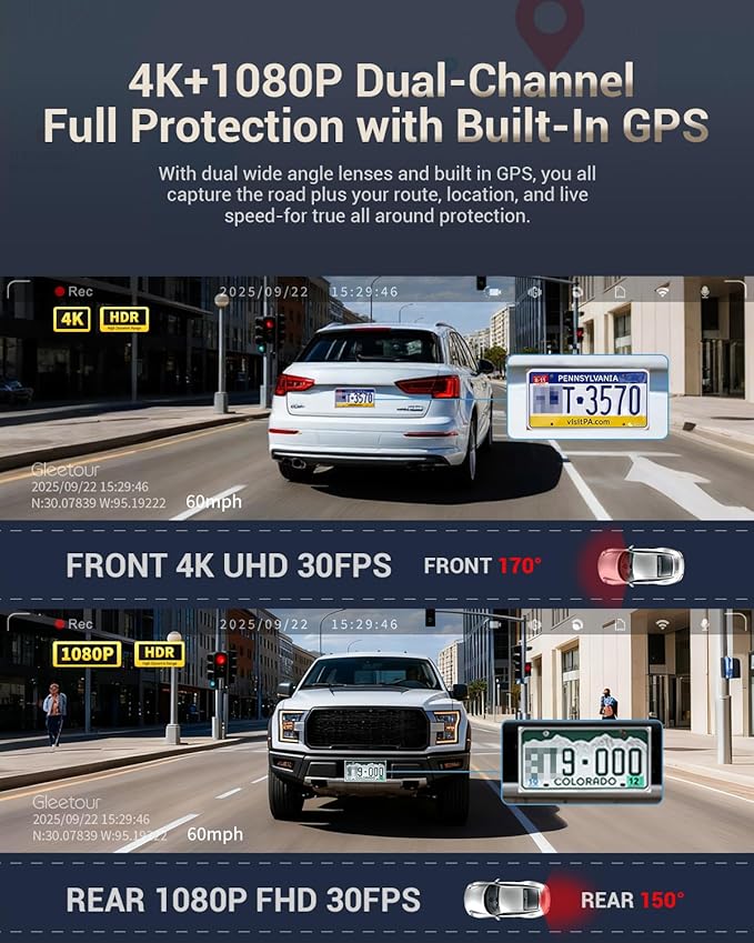 Dash Cam Front and Rear, 4K HDR Dash Camera for Cars, 3" IPS Screen Dash Cam Built-in GPS with 5.8G WiFi UHD Night Vision Fre