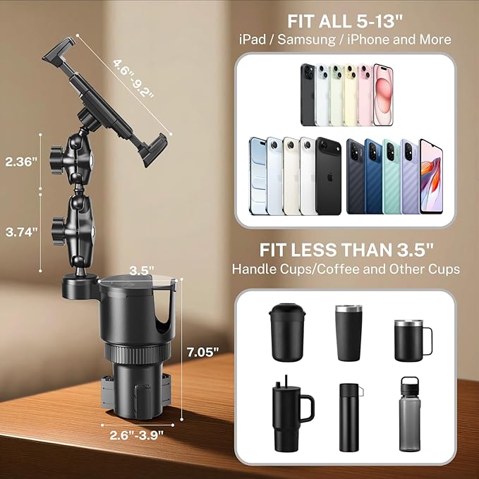 OHLPRO Cup Holder Tablet Mount for Car, iPad Car Mount with Heavy Duty Aluminum Arm, Adjustable Tablet Holder for 5–13” Devices, Cup Holder Expander Fits 2.6”–3.9” Vehicles - 6 inch Arm