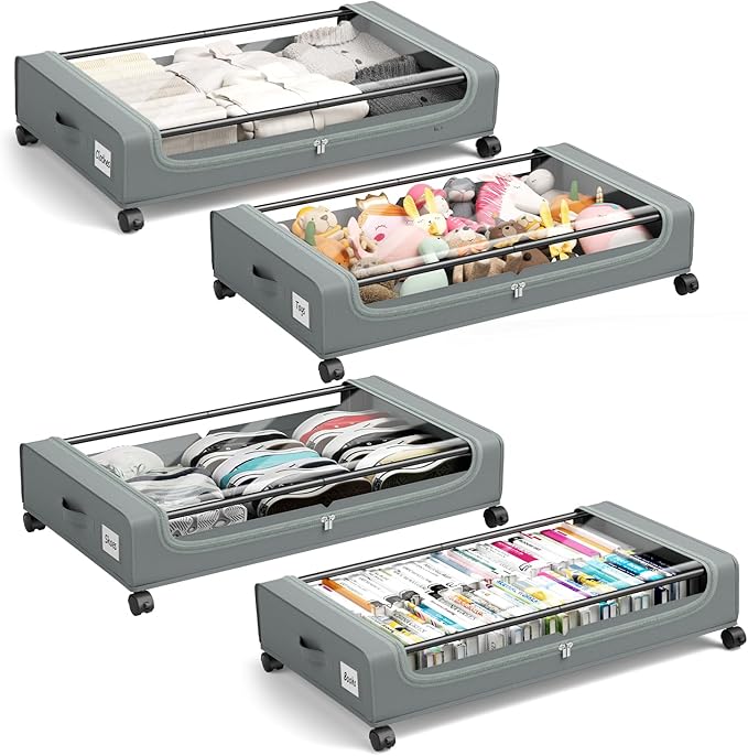 Under Bed Storage Containers with Clear Lid, Large Under Bed Storage with Wheels,6.22"H Under Bed Containers Rolling Under Be