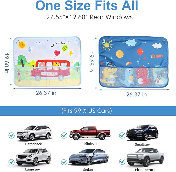 2 Pack Baby Car Sun Shade Side Window (26.8"×19.7"),Dinosaur/Animal Cartoon, Strong Suction Cups UV Heat Protection Sun Block Covers