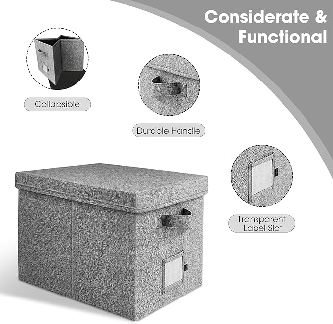 File Organizer Boxes with Lid, Linen Hanging File Storage Boxes with Handle, Collapsible Document Filling Boxes for Letter/Le