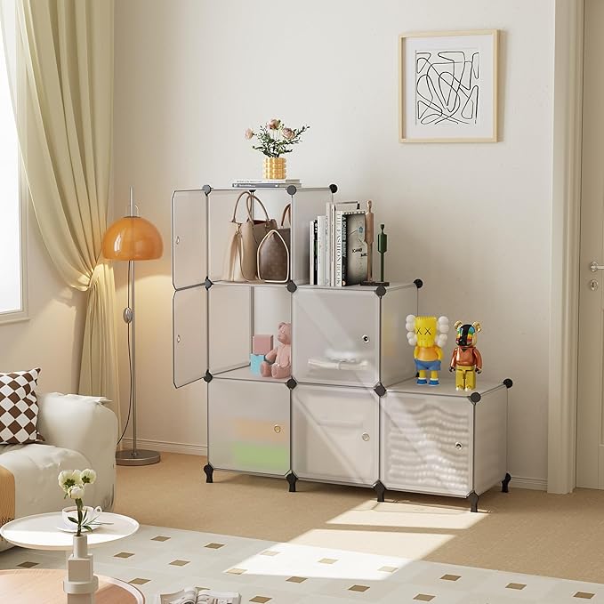 Cube Storage Organizer, 6-Cube Shelves Unit with Doors, DIY Stackable Plastic Clothes Organizer for Bedroom and Under Stairs 