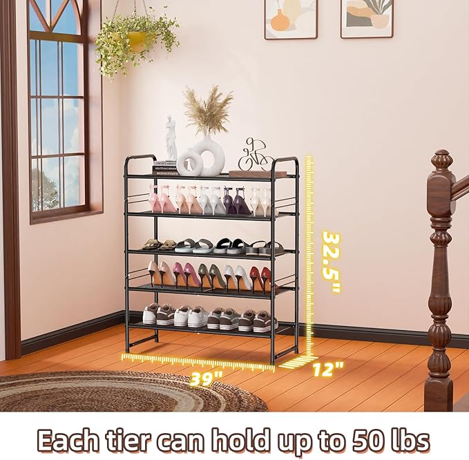 SUFAUY Shoe Rack, 5-Tier 33" Wide Shoe Storage Rack for 24-30 Pairs of Shoes, Mesh Shoe Organizer for Entryway Closet, Steel 