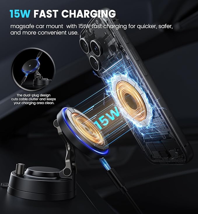 for MagSafe Car Mount Charger 15W Fast Wireless Charging Magnetic Car Phone Holder, 82+LBS Strongest Suction, 3200gf Strongest Magnetic,360°Rotatable Stand for iPhone 17-12 Pro Max Plus Air