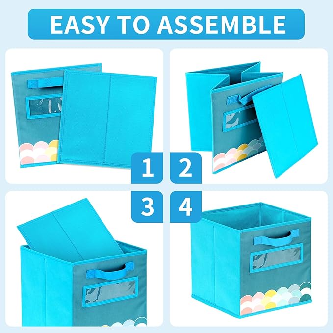 Cube Storage Bins, 3 Pack 11 Inch Fabric Storage Bins with Handle and Label Window, Foldable Storage Cubes, Colorful Fabric B