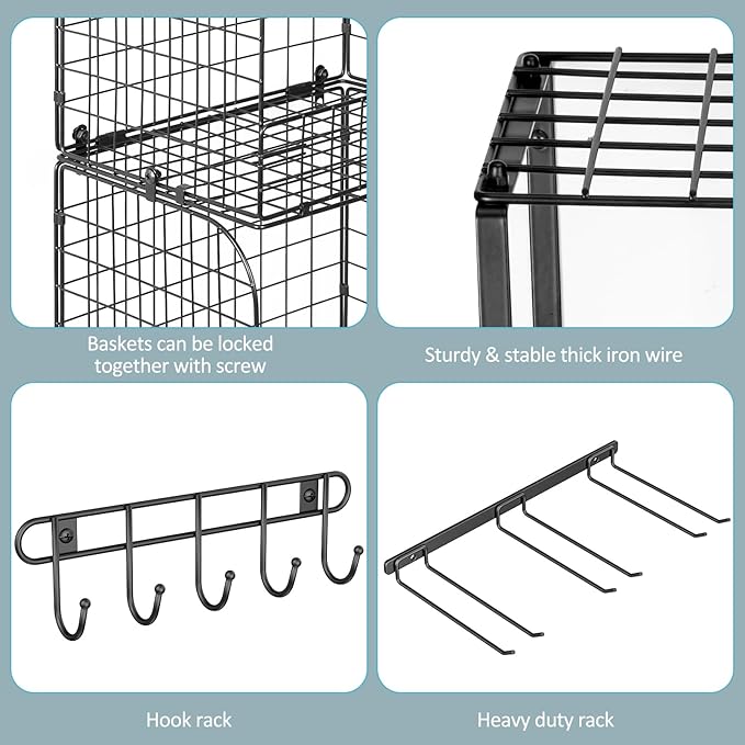 ThreeHio Garage Shelf Wall Mounted with Wire baskets, Heavy Duty Garage Wall Shelving with Garden Tool Rack and Hooks, Wire S