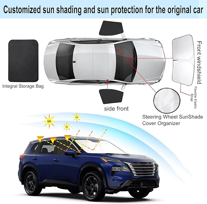 3PCS Car Window Shades Front Windshield Sun Shade Foldable Window Shade Custom Fit for Nissan Rogue 2023-2024 Accessories Car Shades for Front Windows Anti-UV Rays Block Heat