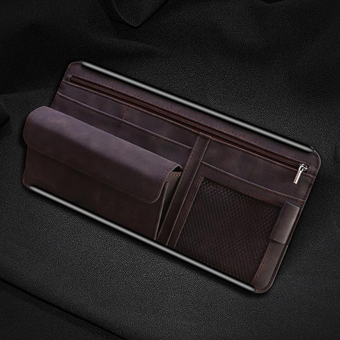 Sun Visor Organizer, Multi-Pocket Auto Visor Organizer for Car, SUV and Truck, Card Holder Glasses Holder for Car Interior Accessories Car Organizers And Storage, Brown