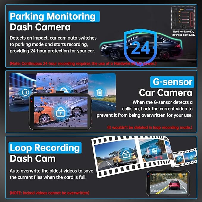 Dash Cam Front and Rear, Dash Camera for Cars WiFi/APP Control Dual Dashcam W/ 64GB Card, 2.5K Dash Cam Front+1080P Rear Car Camera W/Super Night Vision, Loop Recording, G-Sensor, Max Support 256GB