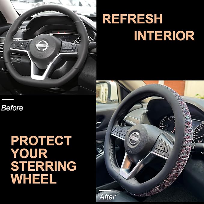 PINCTROT D Shaped Chenille Leather Steering Wheel Cover, Soft Mottled Colors, Sweat-Proof, Non-Slip Grip, All-Season Comfort,