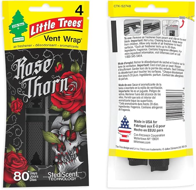 LITTLE TREES Car Air Freshener | Vent Wrap Provides Long Lasting Scent, Invisibly Fresh | 16 Air Fresheners | Rose Thorn