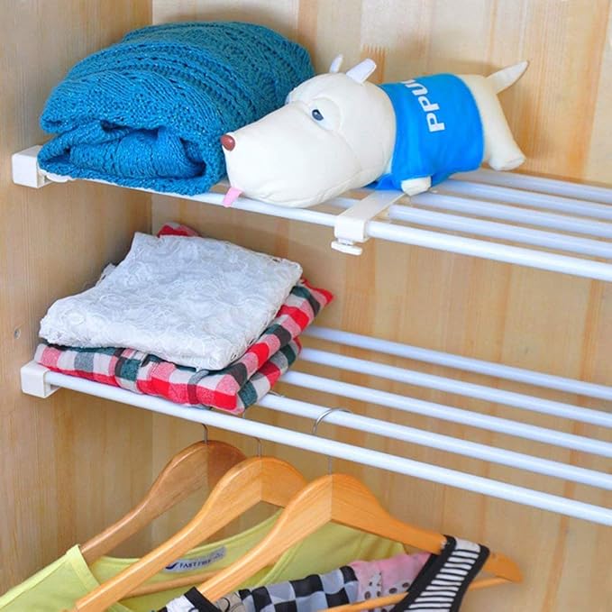 Adjustable Shelf Organizer Expandable Closet Shelf and Rod with No Drilling for Wardrobe Cupboard Kitchen Bookcase (18.2" - 2