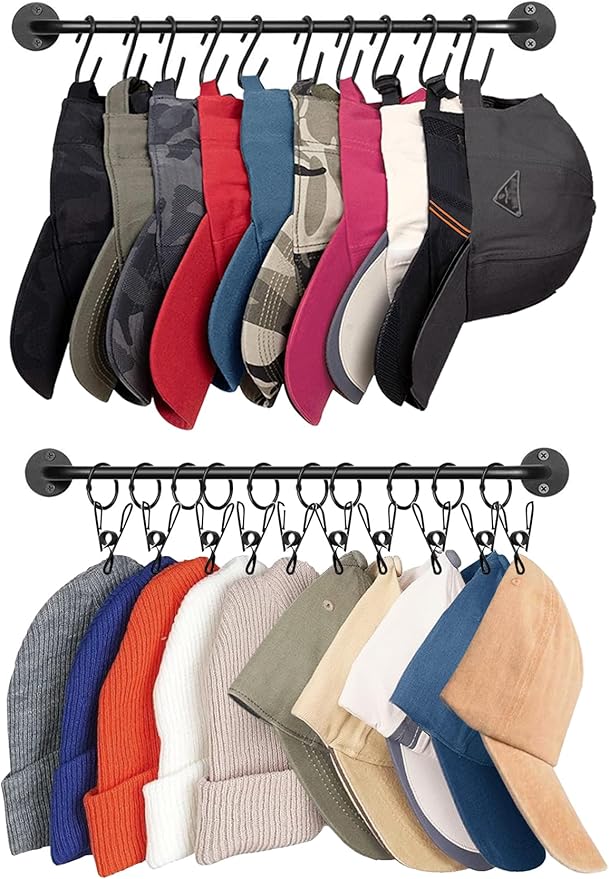Livelab Hat Rack for Wall, Hat Organizer for Baseball Caps with 10 Hooks+10 Clips, 2 Pack Modern Metal Hat Storage Wall-Mount