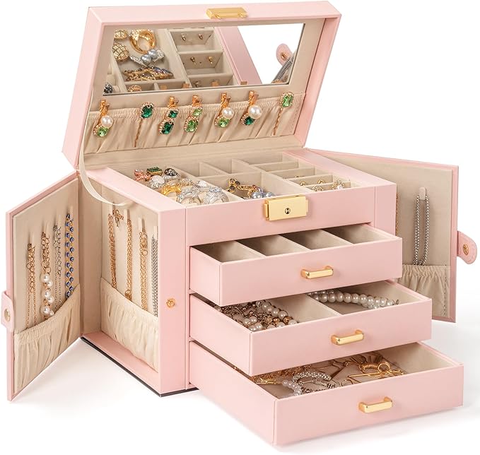 AKOZLIN Large 4-Tier Jewelry Box Leather Jewelry Storage Organizer with 3 Drawers Lockable for Women Girls Ring Necklace Earr