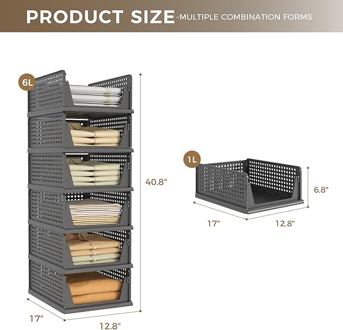 PinkPum 6 Pack Closet Organizers and Storage Plastic Stackable Storage Bins, Foldable Drawer Shelf Storage Container for Ward