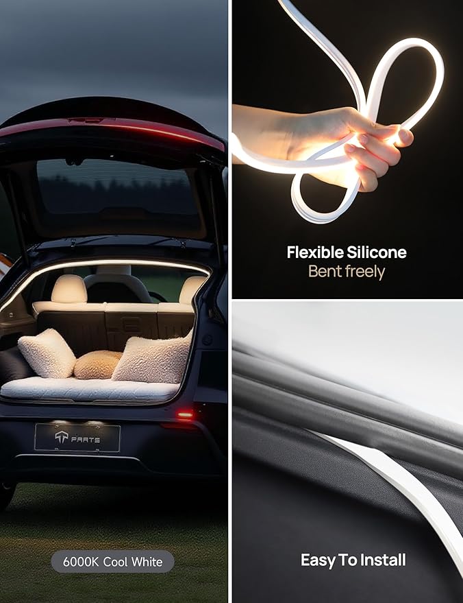 TPARTS Trunk LED Light Strip for Tesla Model Y (Including New Model Y Juniper 2025-2026), Silicone Waterproof Intelligent Dual-Color Switchable Interior Lighting Warm & Cool White (3000K&6000K)