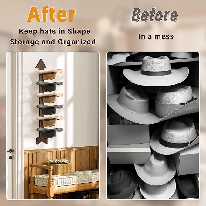 Cowboy Hat Rack Wall Mount, Solid Wood Arrow Design 6 Pieces, Cowboy Hat Holder, Western Decor, Hat Organizer Storage, Hat Ha