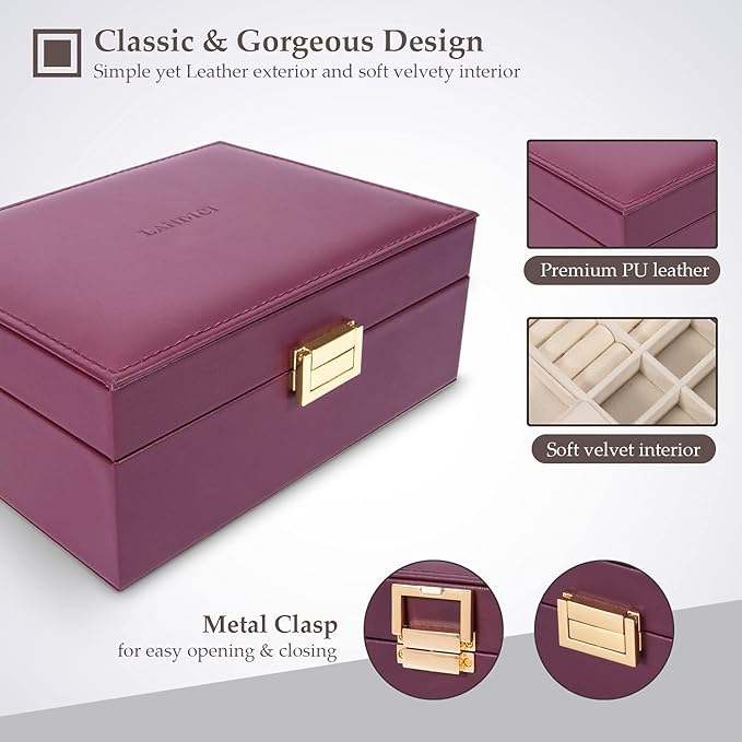 LANDICI Jewelry Organizer Box for Women Teen Girls,Large Jewelry Storage Case with Mirror,2 Layer Removable Stackable Tray,Le