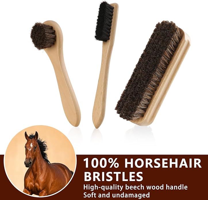 10 PCS Shoe Polish Kit - Horsehair Brushes, Black Brown Neutral Polish,Mink Oil Conditioner for Shoes,Polishing Cloth, Leathe