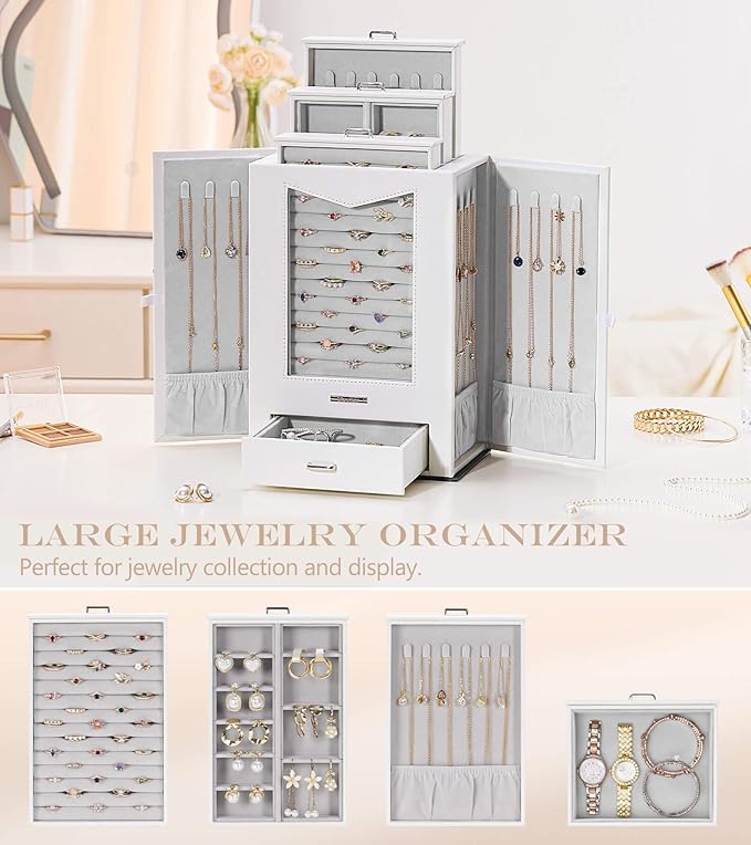 Homde Jewelry Organizer with Transparent Window Necklace Hooks Gift for Women Jewelry Box Display Case for Necklaces Rings Ea