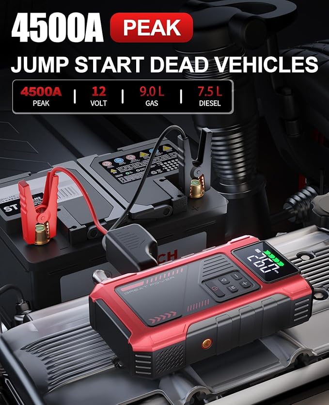 4500A Car Jump Starter with Air Compressor, Portable Battery Charger Jumpstart 12V Vehicle, Power Pack with 150PSI Tire