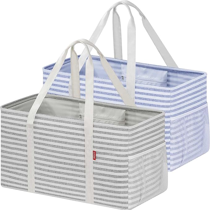 LHZ.K Standing Extra Large Utility Tote Bag 2 Pack, Foldable Reusable Grocery Bags with Metal Wire Frame & Hard Bottom Board