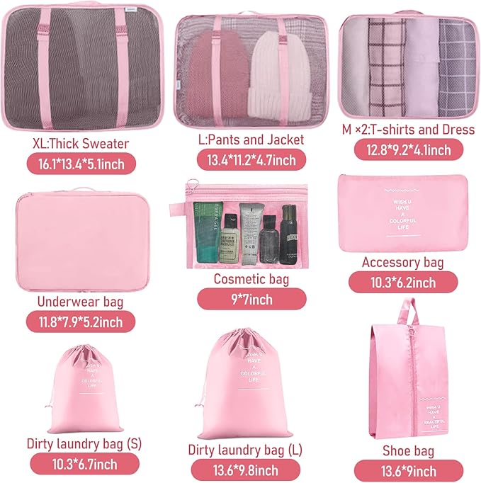 Packing Cubes for Travel - 10 Set Luggage Organizer Bags for Family, Mesh Breathable Travel Packing Cubes for Suitcases Durab
