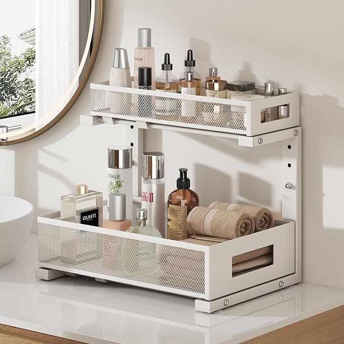 1 Pack-11.4"-16.14"H Under Sink Storage Organizer, Large 2-Tier Elegant Mesh Pull Out Shelf for Kitchen and Bathroom Cabinet 