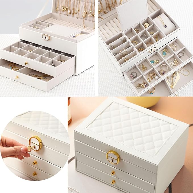 GUOER Jewelry Box for Women Girl Wife 3 Layers Large PU Leather Jewelry Organizer Storage Case with Two drawers Display for E