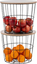 IRIS USA Round Wire Basket with Wooden Lid, 2 Pack, Potato Onion Vegetable Storage, Nestable Storage Bins, Water Resistant Su