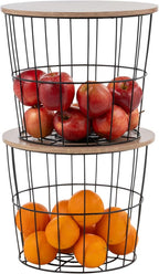IRIS USA Round Wire Basket with Wooden Lid, 2 Pack, Potato Onion Vegetable Storage, Nestable Storage Bins, Water Resistant Su