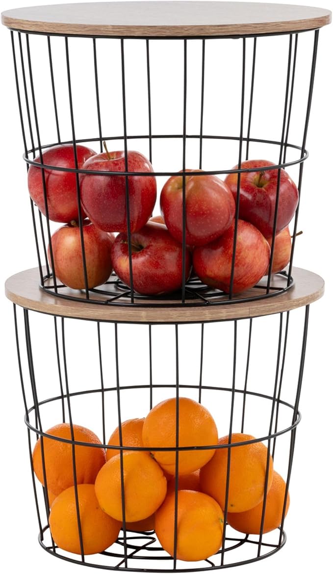 IRIS USA Round Wire Basket with Wooden Lid, 2 Pack, Potato Onion Vegetable Storage, Nestable Storage Bins, Water Resistant Su
