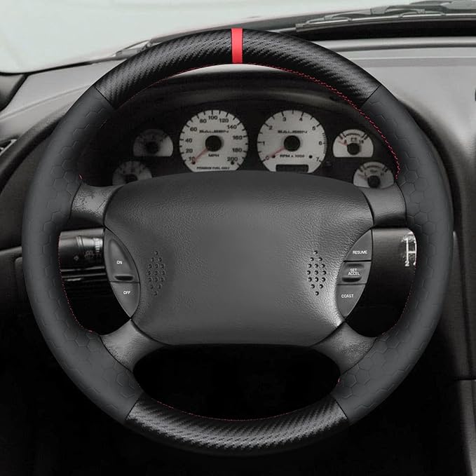 MEWANT Hand Sewn Steering Wheel Cover Wrap for Ford Mustang 1994-2004 Steering Wheel Accessories for Ford Mustang 1994-2004
