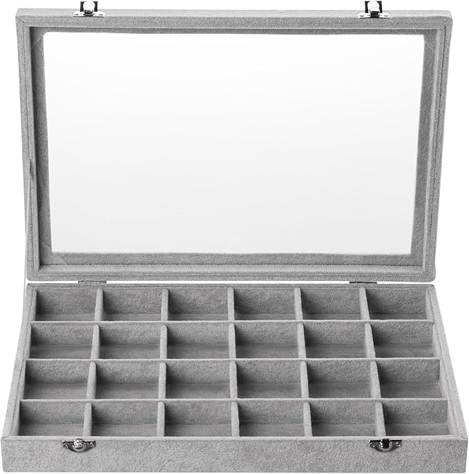 Frebeauty Velvet Jewelry Tray,24 Grid Jewelry Organizer with Clear Lid,Earring Holder Organizer with Clasp,Drawer Insert Ring