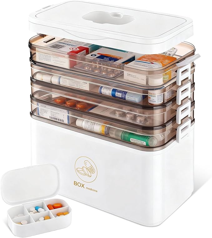 5-Tier Medicine Organizer-12 x 7 x 12.2 Inch Portable Medicine Cabinet Organizer with Plastic Handle All-Purpose Medical Box 