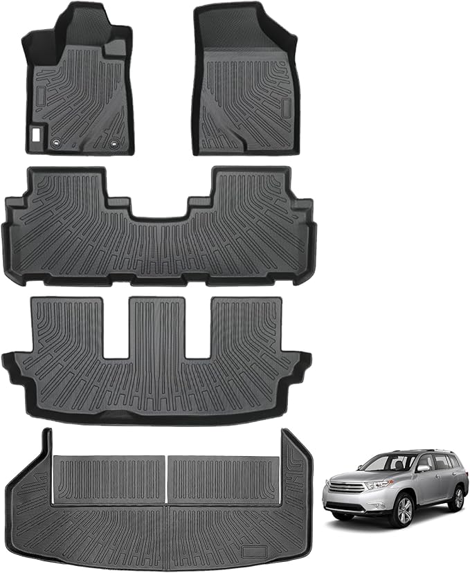 Floor Mats for Toyota Highlander 2008-2013 Non Hybrid, All Weather TPE Floor Liners, 3D Waterproof Custom Fit Car Accessories, 1st & 2nd & 3rd Row & Trunk Mat, Anti-Slip Mat Full Set