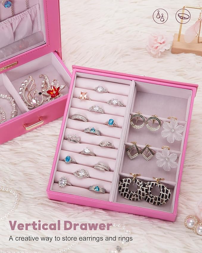 Homde Jewelry Organizer Girls Women Jewelry Box for Necklaces Rings Earrings Gift Bracelets Storage Case(Pink + Gold)