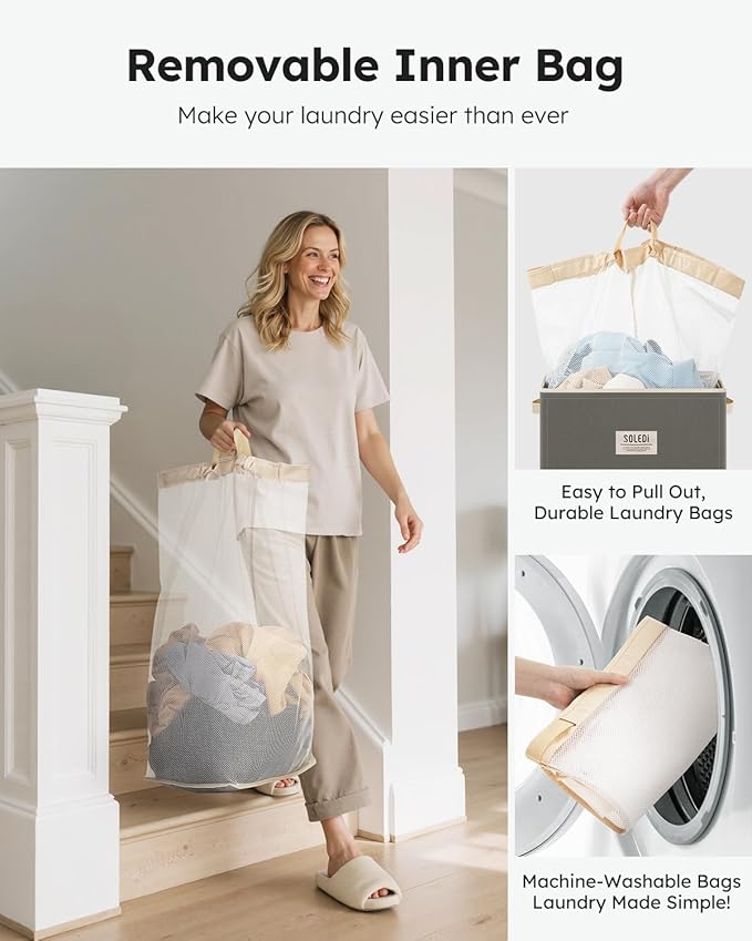 SOLEDI Laundry Hamper with Lid 100L Large & Tall Collapsible Laundry Basket, Clothes Hamper with Bag Removable Easy to Carry,