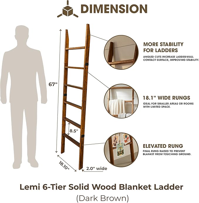 Blanket Ladder for Living Room 6-Tier, Wooden Decorative Quilt Holder for Bed Room, Wall-Leaning Towel Rack for Bathroom, Dec