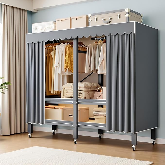 Heavy Duty Portable Wardrobe, Metal Foldable Covered Clothes Rack, 1500LBS, Freestanding Closet System Rolling Garment Rack, 