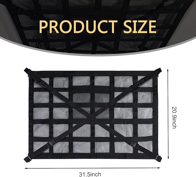 Car Roof Storage Net, Double Layer Mesh Polyester Auto Ceiling Cargo Net, 31.5" x 21.6" Camping Overhead Storage Organizer, Universal for Sedans Jeeps SUVs (Black)