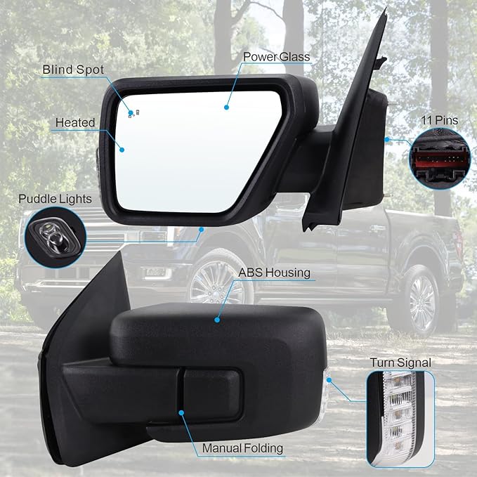 Left Driver Side Mirror Compatible With 2021-2026 Ford F150 With Manual Folding Power Glass Heated Blind Spot Turn Signal Puddle Light Matte Black Replace#ML3Z17683SA(11Pins)