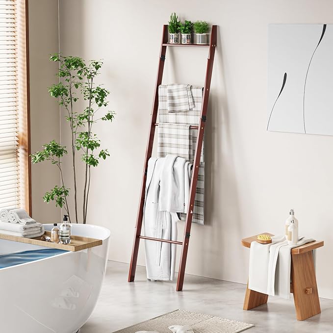 BAMBANG 6-Tier Blanket Ladder for Living Room, Blanket Quilt Ladder Rack Rustic Decorative Towel Holder, Wall Leaning Blanket