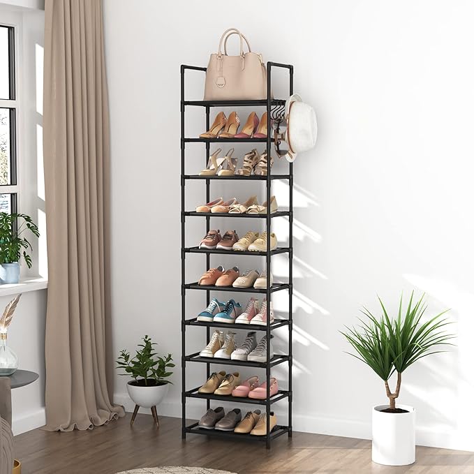 LANTEFUL 10 Tiers Tall Shoe Rack 20-25 Pairs Boots Organizer Storage Sturdy Narrow Shoe Shelf for Entryway, Closets with Hook