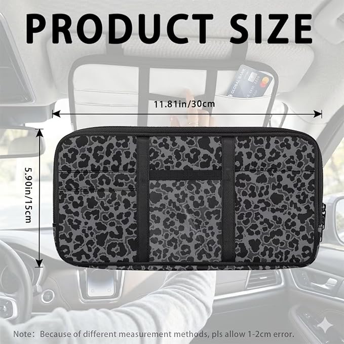 Black Leopard Print Car Sun Visor Organizer with Card Holder Sun Visor Organizer with Big Zipper Pocket Easy to Store Universal for Cars SUV