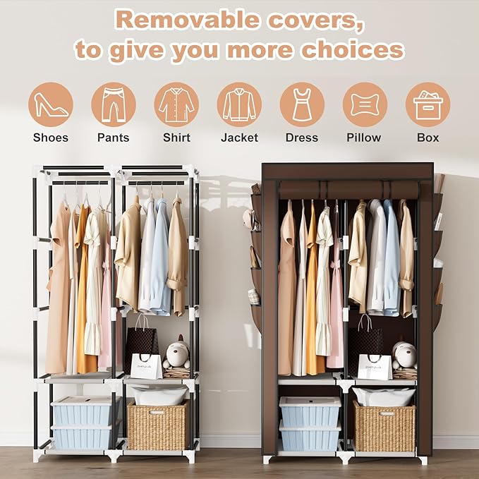 Portable Closet for Hanging Clothes, Portable Wardrobe Closet with Cover, 4 Storage Shelves, 2 Hanging Rods and 8 Side Pocket
