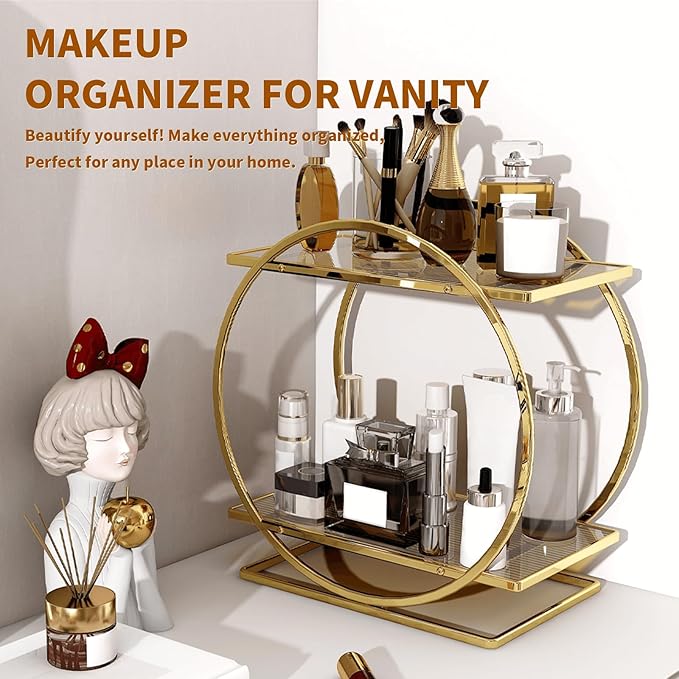 Perfume Organizer for Dresser, 2 Tier Bathroom Counter Organizers and Storage, Gold Makeup Organizer for Vanity, Bathroom Acc